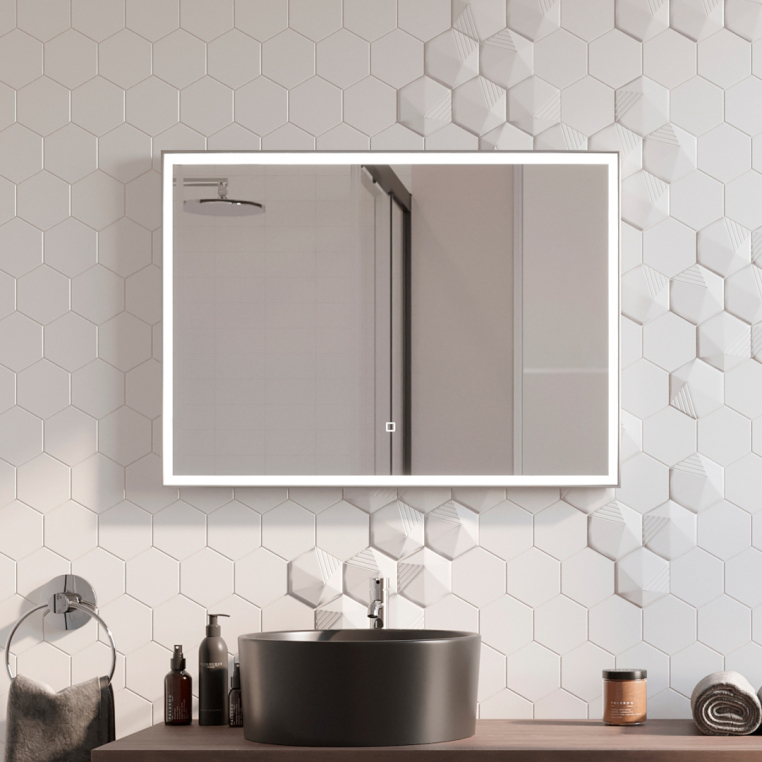 Зеркало Stworki Ольборг 80 с подсветкой, сенсор на зеркале, прямоугольное, настенное, серое (LED-00002203)