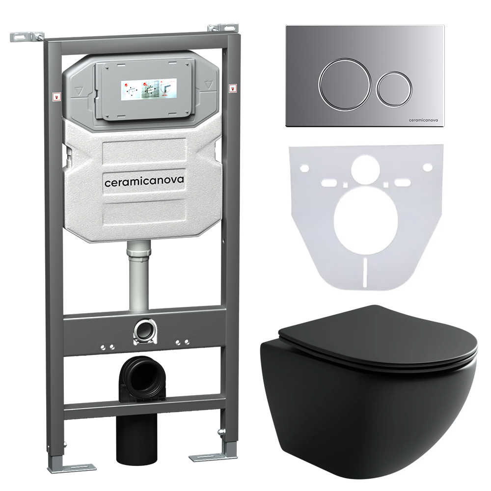 Сет 4 в 1 Инсталляция с кнопкой+унитаз+шумоизоляция CERAMICANOVA Подвесной унитаз Metropol+Шумоизоляционная панель+Система инсталляции с кнопкой Round цвет хром мато