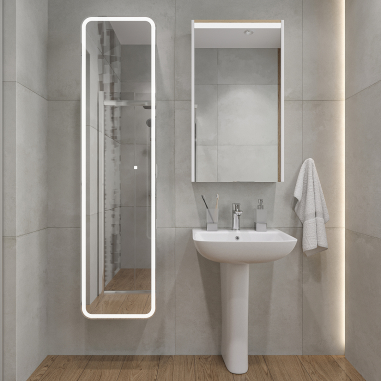 Комплект раковина с пьедесталом Раковина Stworki Дублин 50 + Зеркало-шкаф Stworki Дублин 50 с подсветкой, навесное, белое, прямоугольное + Сифон для