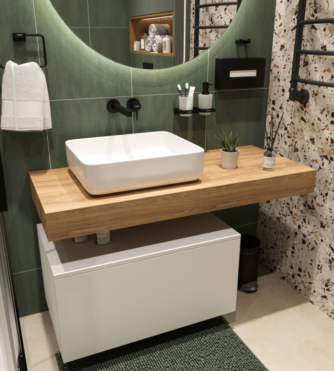 Мебель для ванной Stworki Ольборг 120 столешница дуб французский, без отверстий, с тумбой 80, с раковиной Stworki Soul 1 белой