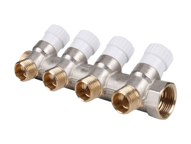 Stout Распределительный проходной коллектор ВР-НР 3/4" c 4 отводами 1/2" плоское уплотнение (SMB 6852 341204)