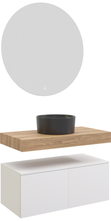 Мебель для ванной Stworki Ольборг 100 столешница дуб французский, без отверстий, 2 тумбы 50, с раковиной BOCCHI Vessel черной