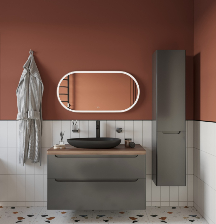 Мебель для ванной Stworki Берген 100 серая с темной столешницей,  раковина Bocchi Etna Etna 1114-004-0125 черная