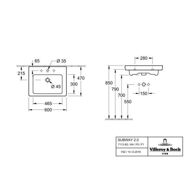 Pаковина накладная Villeroy & Boch Subway 2.0 60x47 7113F001
