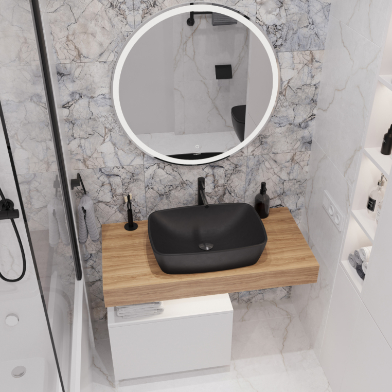 Мебель для ванной Stworki Ольборг 100 столешница дуб французский, без отверстий, с тумбой 50, с раковиной Vitra Shift черная