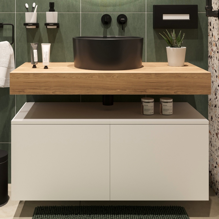 Столешница Stworki Ольборг 100 дуб французский, без отверстий,  2 тумбы 50, с раковиной BOCCHI Vessel черной