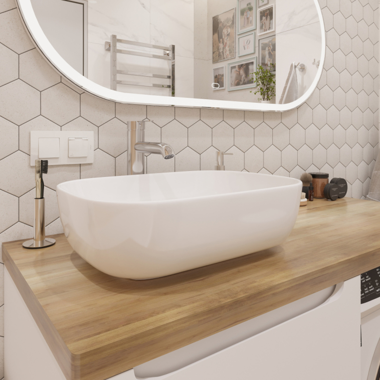 Мебель для ванной Stworki Берген 60 белая со светлой столешницей 122, раковина Moduo 50 Square, R