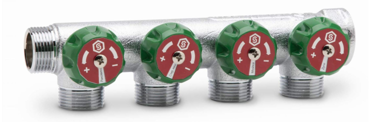 Stout Регулирующий проходной коллектор ВР-НР 3/4" c 4 отводами 1/2" плоское уплотнение (SMB-6849-341204)