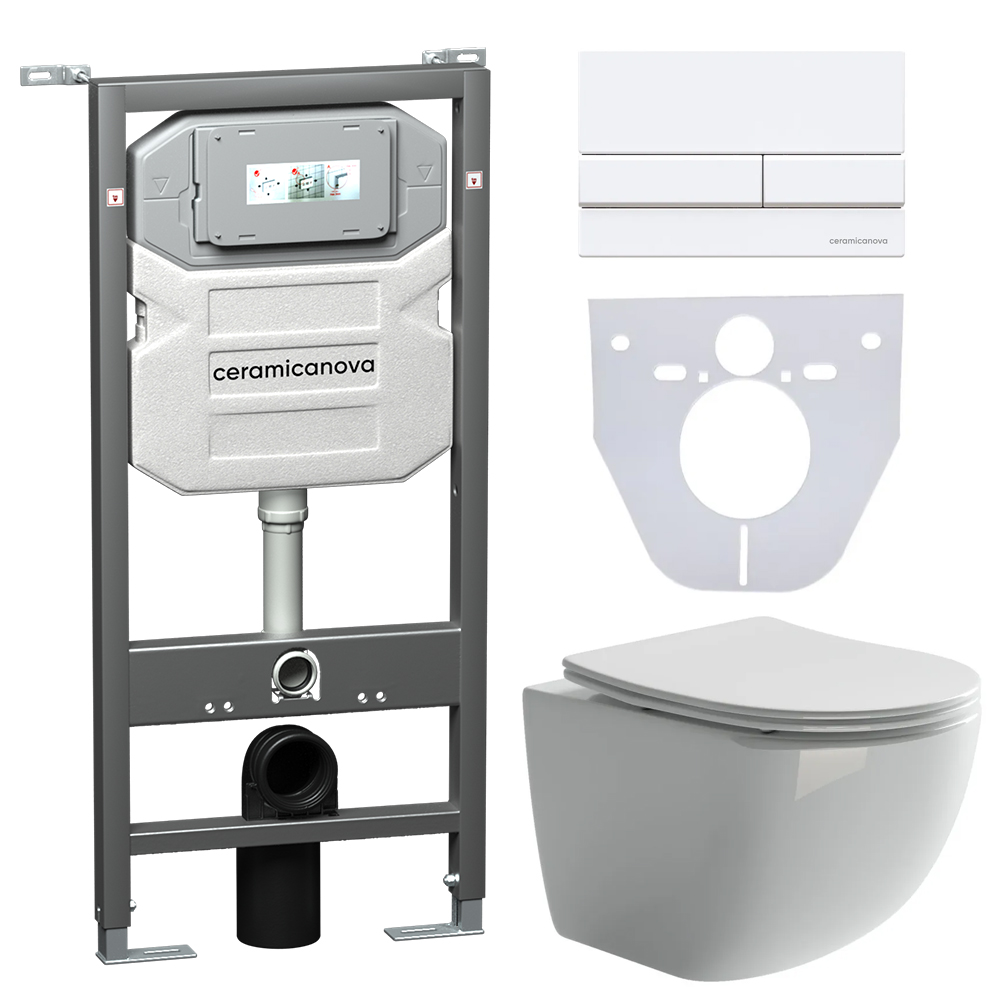 Сет 4 в 1 Инсталляция с кнопкой+унитаз+шумоизоляция CERAMICANOVA Подвесной унитаз Forma Rimless+Шумоизоляционная панель+Система инсталляции с кнопкой Flat цвет белый