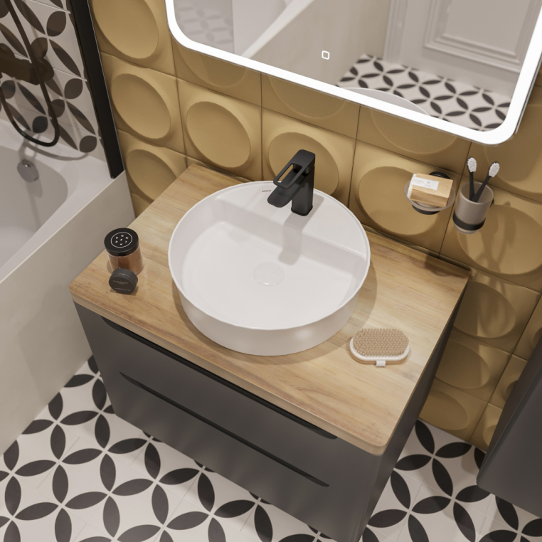 Мебель для ванной Stworki Берген 80 серая со светлой столешницей, раковина Bocchi Slim Line 1599-061-0126 глянцевая