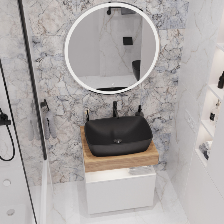 Мебель для ванной Stworki Ольборг 60 столешница дуб французский, без отверстий, с тумбой 60, с раковиной Vitra Shift черной