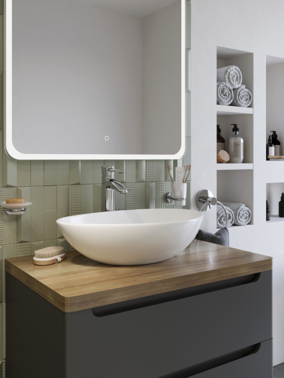 Мебель для ванной Stworki Берген 80 серая со светлой столешницей, раковина Moduo 55 Leaf