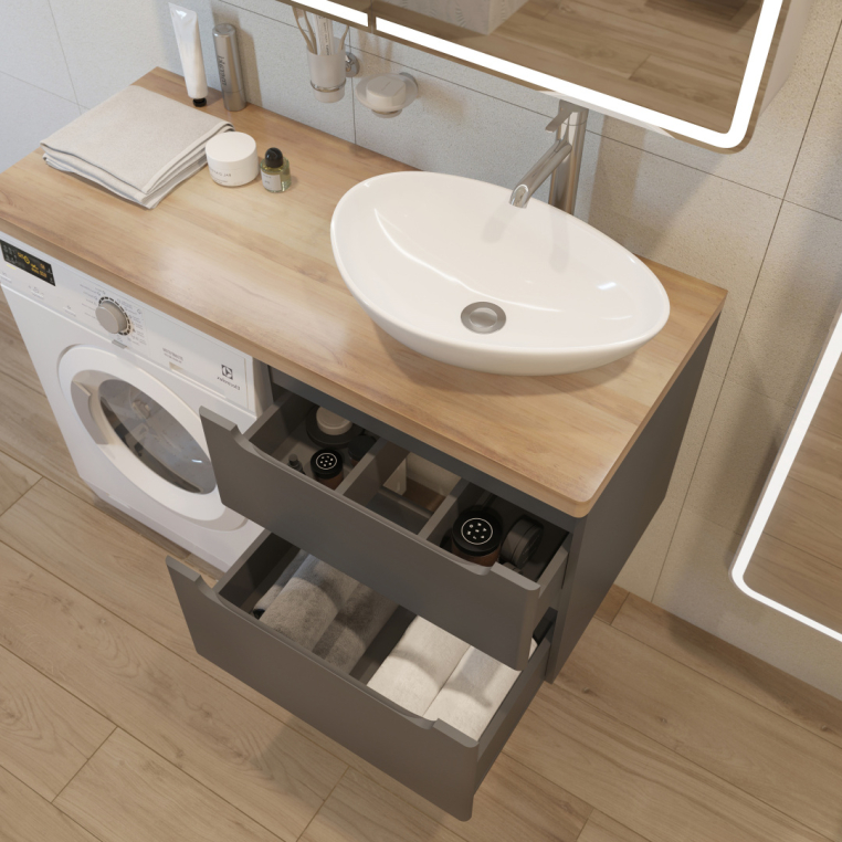 Мебель для ванной Stworki Берген 60 серая со светлой столешницей 122, раковина Moduo 55 Leaf, L