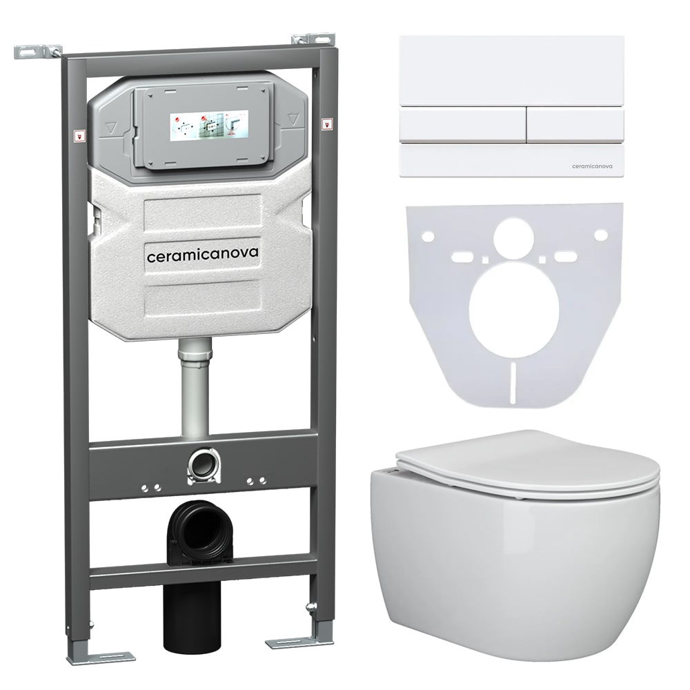 Сет 4 в 1 Инсталляция с кнопкой+унитаз+шумоизоляция CERAMICANOVA Подвесной унитаз PLAY Rimless+Шумоизоляционная панель+Система инсталляции с кнопкой Flat цвет белый