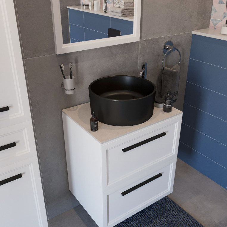 Мебель для ванной Stworki Эстерсунд 60 белая матовая, простоун беж, с раковиной BOCCHI Vessel черной