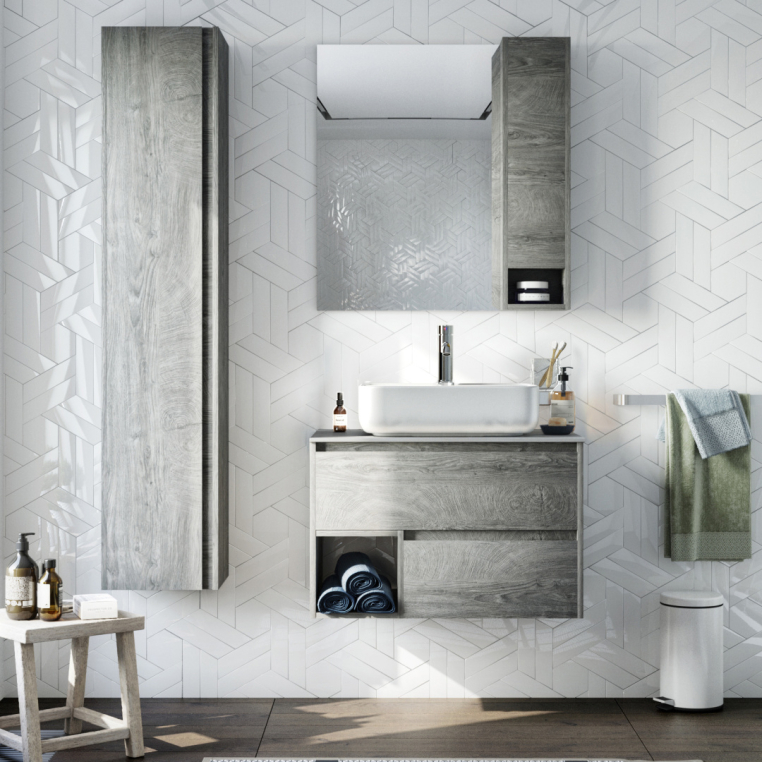 Мебель для ванной Stworki Карлстад 75 дуб рошелье, монте тиберио, в стиле лофт, под дерево, серая, подвесная