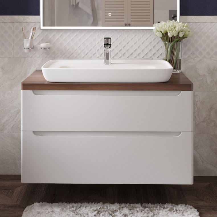 Тумба с раковиной Stworki Берген 100 белая с темной столешницей, DIWO Углич 0117