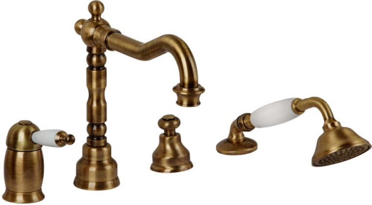 Смеситель на борт ванны Migliore Oxford 19086 на 4 отверстия с белой ручкой бронза