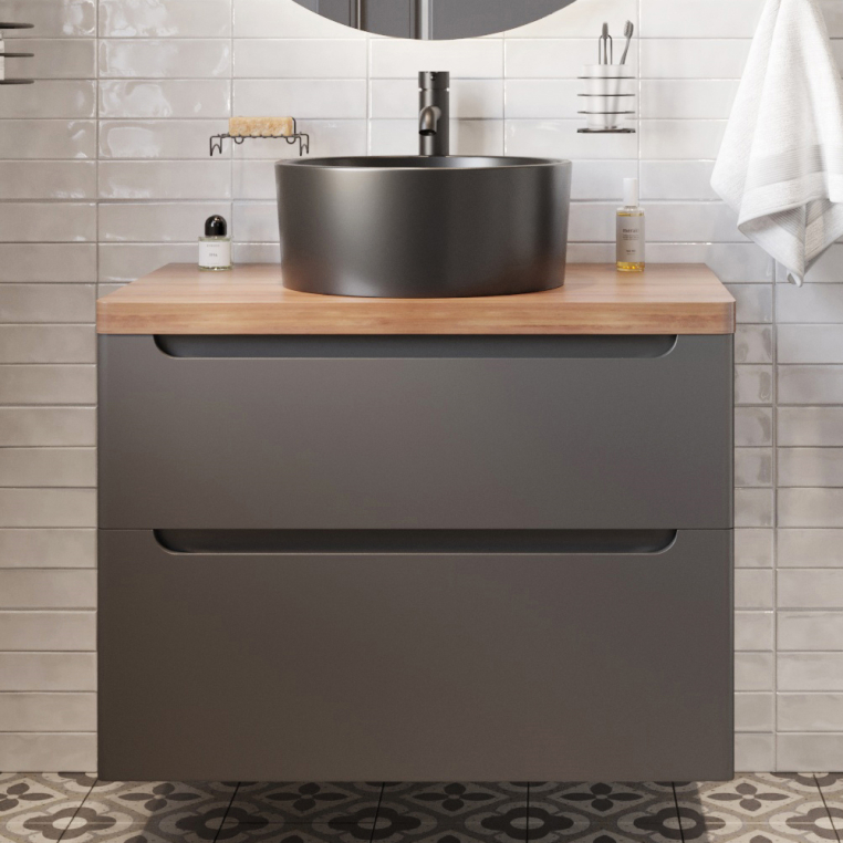 Тумба с раковиной Stworki Берген 80 серая с темной столешницей, BOCCHI Vessel черная