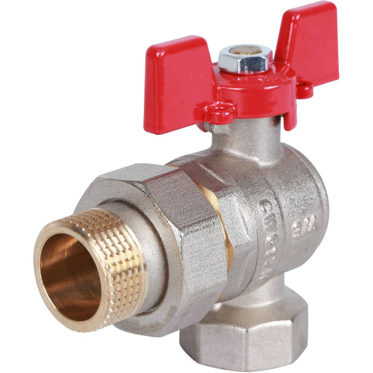 Шаровой кран ROMMER (RBV-0006-0610220) угловой с американкой 3/4 ВН/НР, ручка бабочка