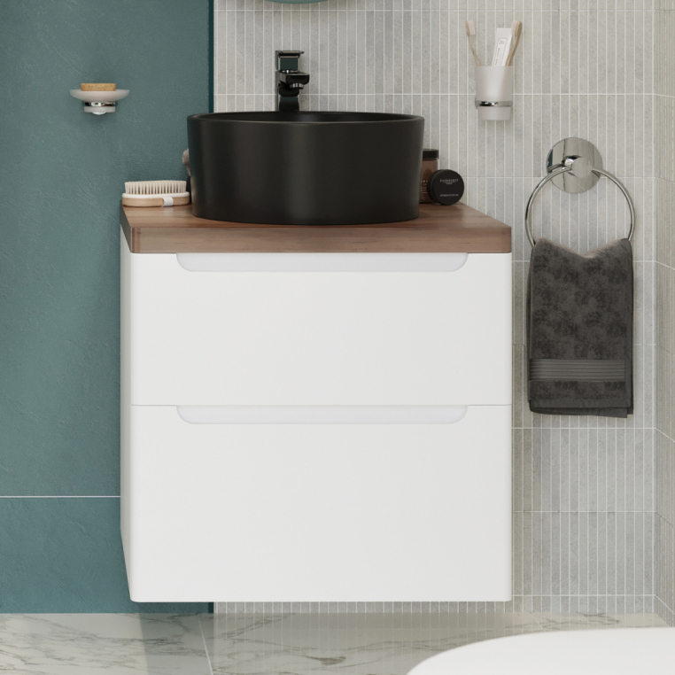 Тумба с раковиной Stworki Берген 60 белая с темной столешницей, BOCCHI Vessel черная