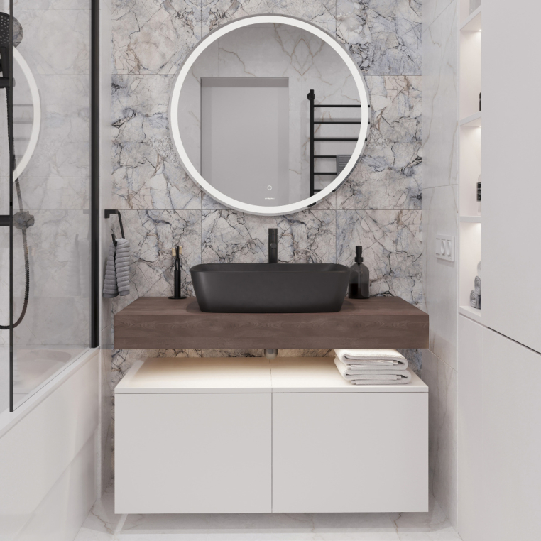 Мебель для ванной Stworki Ольборг 100 столешница дуб карпентер, без отверстий, 2 тумбы 50, с раковиной Vitra Shift черной