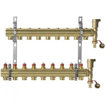 Комплект коллекторов Danfoss FHF-9 set из латуни с кронштейнами и воздухоотводчиками, 9 контуров (088U0709)