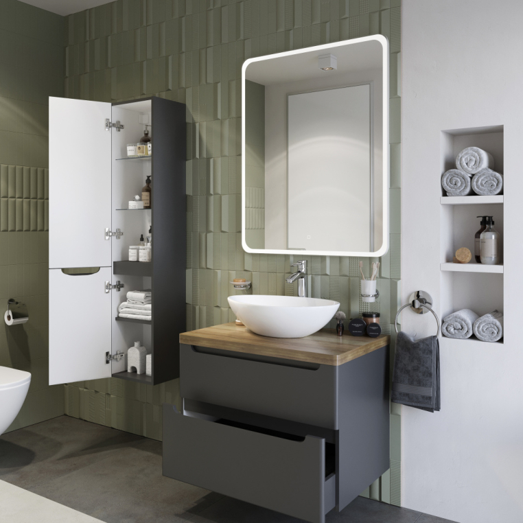 Мебель для ванной Stworki Берген 80 серая со светлой столешницей, раковина Moduo 55 Leaf