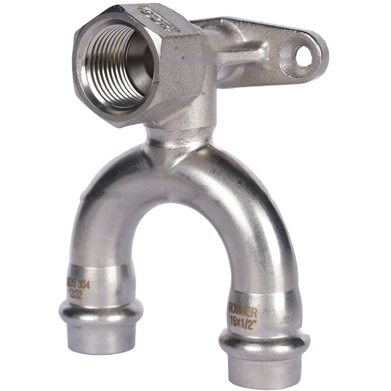 RSS-0012-001512 ROMMER Угольник проходной настенный с креплением ВПр-ВР, 15х1/2, из нержавеющей стали прессовой