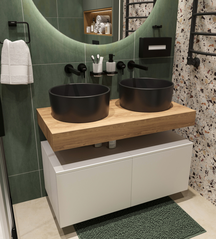 Столешница Stworki Ольборг 100 дуб французский, без отверстий,  2 тумбы 50 + 2 раковины BOCCHI Vessel, черные