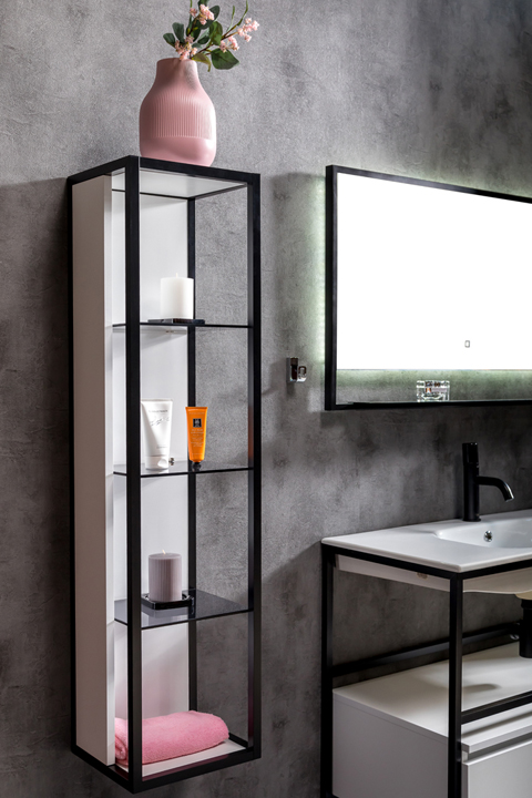 Пенал LOFT высокий белый, полки стекло