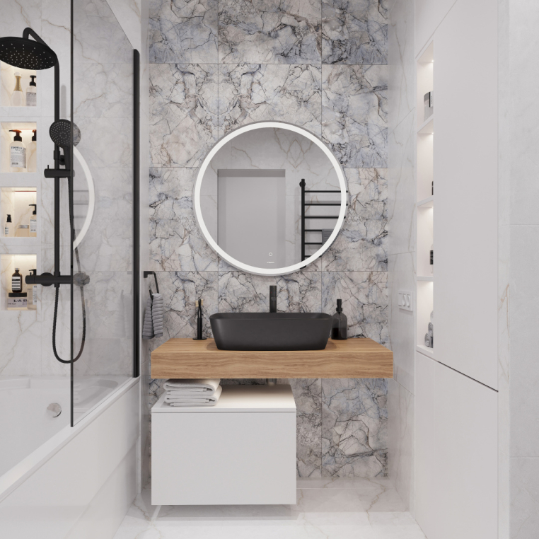 Мебель для ванной Stworki Ольборг 100 столешница дуб французский, без отверстий, с тумбой 50, с раковиной Vitra Shift черная