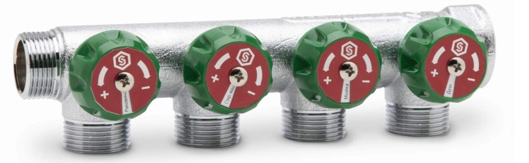 Stout Регулирующий проходной коллектор ВР-НР 1" c 4 отводами 1/2" плоское уплотнение (SMB-6849-011204)