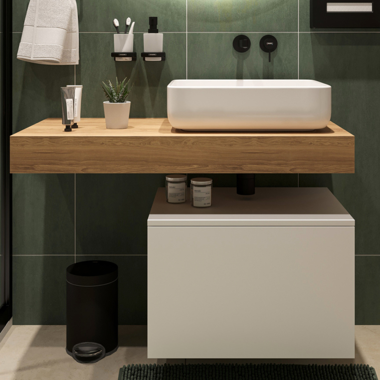 Столешница Stworki Ольборг 100 дуб французский, без отверстий, с тумбой 60, с раковиной Stworki Soul 1 белой