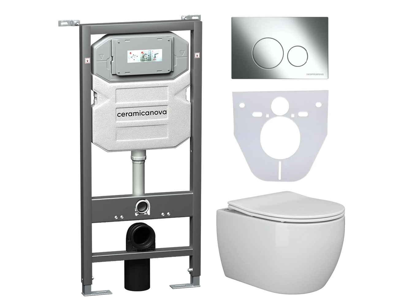 Сет 4 в 1 Инсталляция с кнопкой+унитаз+шумоизоляция CERAMICANOVA Подвесной унитаз PLAY Rimless+Шумоизоляционная панель+Система инсталляции с кнопкой Round цвет хром