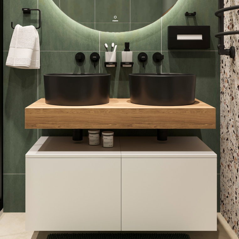 Столешница Stworki Ольборг 100 дуб французский, без отверстий,  2 тумбы 50 + 2 раковины BOCCHI Vessel, черные