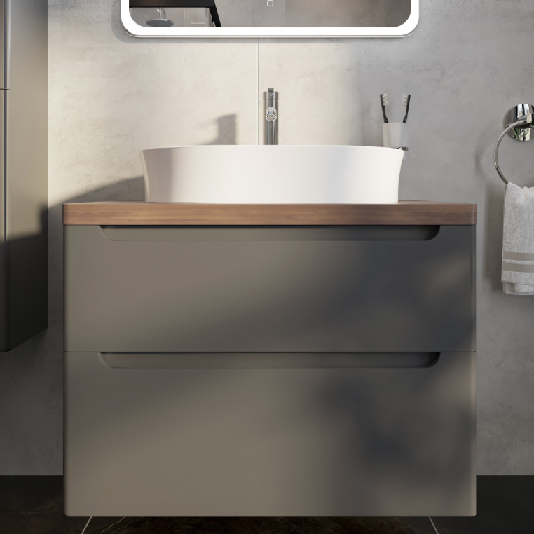 Мебель для ванной Stworki Берген 80 серая с темной столешницей, раковина Bocchi Slim Line 1600-001-0126 белая