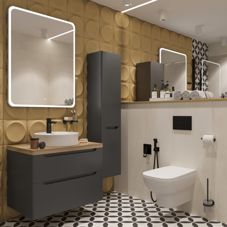 Мебель для ванной Stworki Берген 80 серая со светлой столешницей, раковина Bocchi Slim Line 1599-061-0126 глянцевая