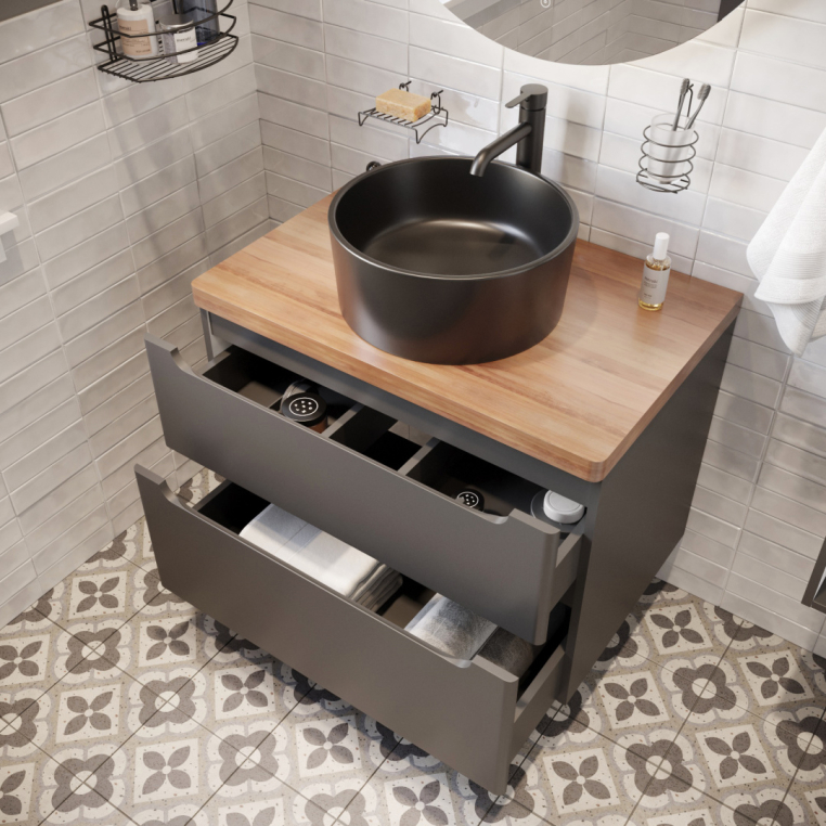 Мебель для ванной Stworki Берген 80 серая с темной столешницей, раковина BOCCHI Vessel черная