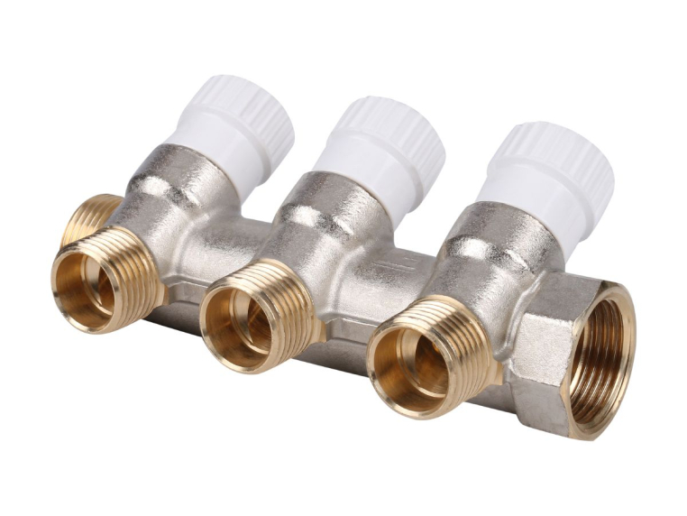 Stout Распределительный проходной коллектор ВР-НР 3/4" c 3 отводами 1/2" плоское уплотнение (SMB 6852 341203)