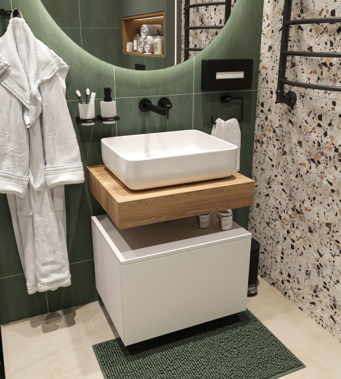 Столешница Stworki Ольборг 60 дуб французский, без отверстий, с тумбой 60, с раковиной Stworki Soul 1 белой