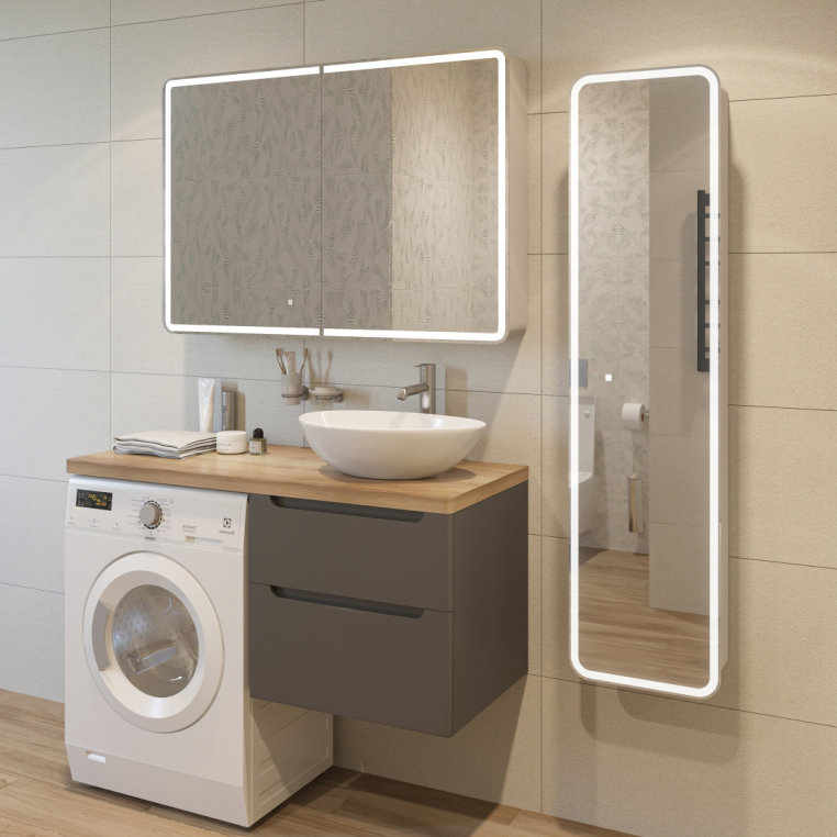 Мебель для ванной Stworki Берген 60 серая со светлой столешницей 122, раковина Moduo 55 Leaf, L