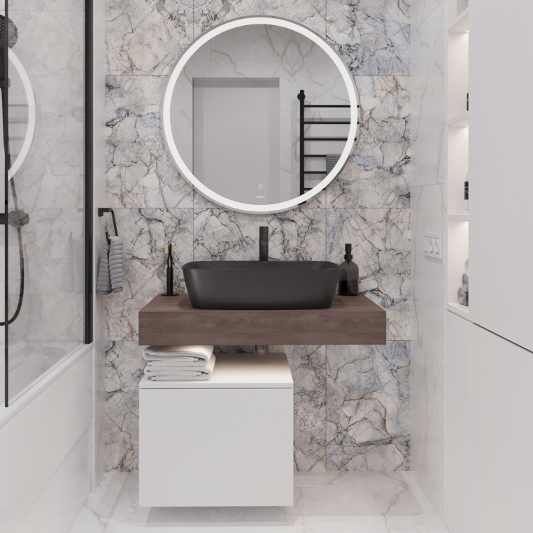 Мебель для ванной Stworki Ольборг 80 столешница дуб карпентер, без отверстий, с тумбой 50, с раковиной Vitra Shift черной