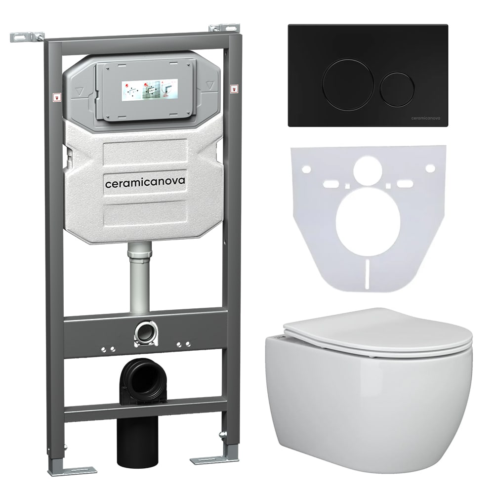 Сет 4 в 1 Инсталляция с кнопкой+унитаз+шумоизоляция CERAMICANOVA Подвесной унитаз PLAY+Шумоизоляционная панель+Система инсталляции с кнопкой Round цвет чёрн.мат