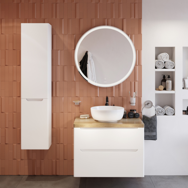 Мебель для ванной Stworki Берген 80 белая со светлой столешницей, раковина Moduo 40 RING