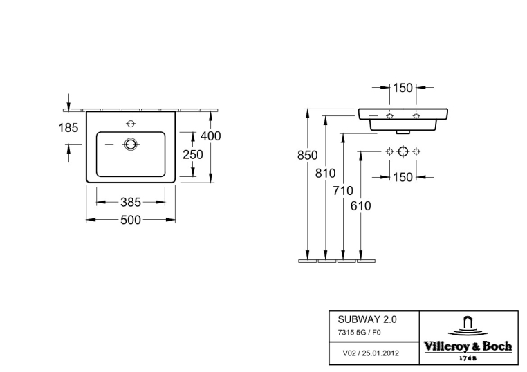 Раковина накладная Villeroy & Boch Subway 2.0 50x40 7315F001