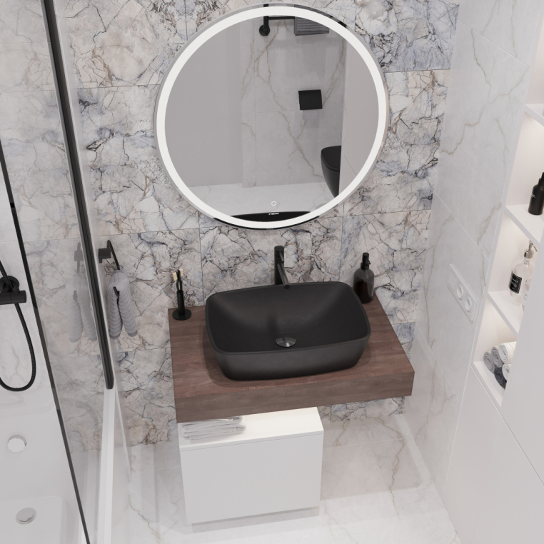 Мебель для ванной Stworki Ольборг 80 столешница дуб карпентер, без отверстий, с тумбой 50, с раковиной Vitra Shift черной