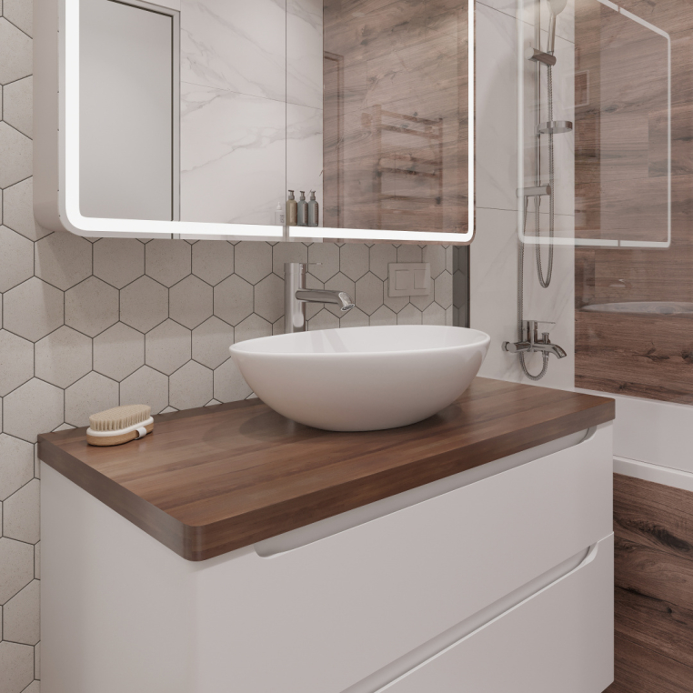 Мебель для ванной Stworki Берген 100 белая с темной столешницей, раковина Moduo 55 Leaf