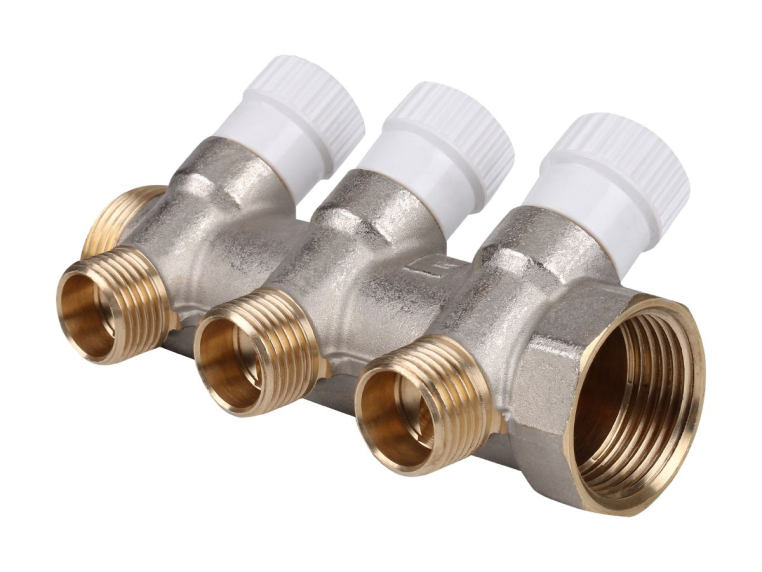 Stout Распределительный проходной коллектор ВР-НР 1" c 3 отводами 1/2" плоское уплотнение (SMB 6852 011203)