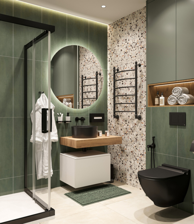 Столешница Stworki Ольборг 80 дуб французский, без отверстий, с тумбой 60, с раковиной BOCCHI Vessel черной